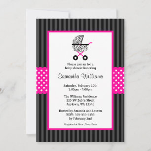 Trendy Hot Pink Zebra Carriage Baby shower Kaart