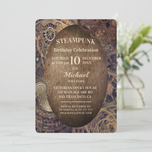 Trendy Industrial Steampunk Party Invitation Kaart (Staand voorkant)
