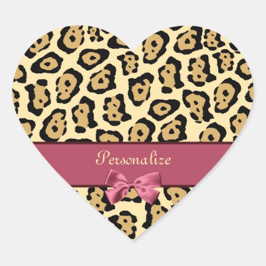 Trendy Jaguar print met roze lint en naam Hart Sticker (Voorkant)