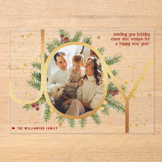Trendy Joy Pine Boughs Krans Foto Kerst Kaart Acryl Uitnodigingen (Voorkant)
