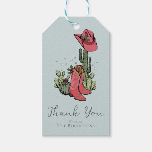 Trendy kerstlaarzen en cactus bedankt cadeaulabel (Voorkant)