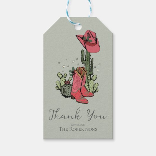 Trendy kerstlaarzen en cactus bedankt cadeaulabel (Voorkant)