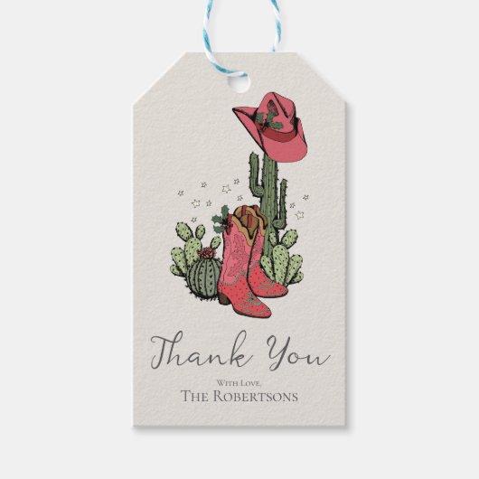 Trendy kerstlaarzen en cactus bedankt cadeaulabel (Voorkant)