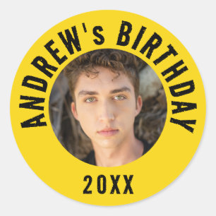 Trendy Kleurrijke Gele Foto Verjaardagsfeest Ronde Sticker