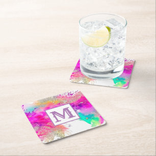 Trendy Kleurrijke Verf Splash Glitter Monogram Vierkante Kartonnen Onderzetter