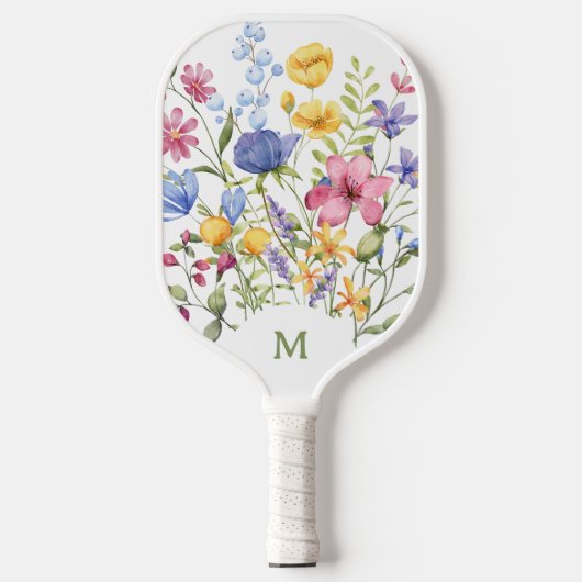 Trendy Kleurrijke Wildbloemen met Monogram Pickleball Paddle (Voorkant)