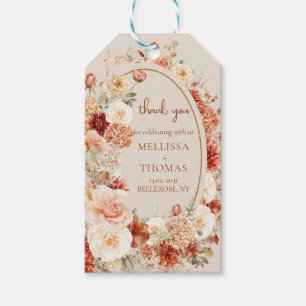 Trendy koperen blush en bordeaux bloemen salie cadeaulabel