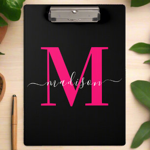 Trendy Krachtig Heet Roze & Zwarte Monogram Meisje Klembord