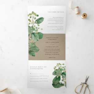 TRENDY KRAFT BERRY LEAFY FOLIAGE GREENERY WEDDING DRIELUIK UITNODIGING