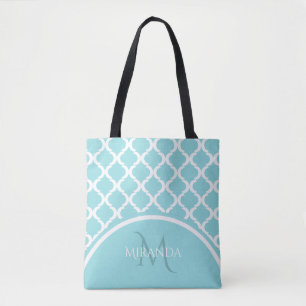 Trendy Large Aqua Quatrefoil Monongram en naam Tote Bag