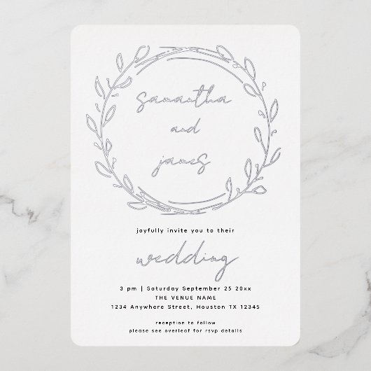 Trendy Laurel Leaf Qr Code Script Weddenschap Real Folie Uitnodiging (Voorkant)
