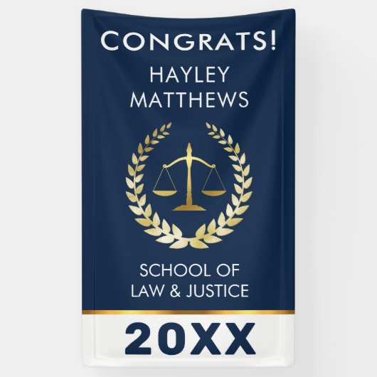 Trendy Law Student Afstuderen Gold & Navy Banner (Verticaal)
