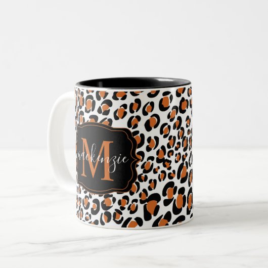 Trendy Leopard Animal Print Patroon Monogram Naam Tweekleurige Koffiemok (Voorkant links)