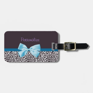 Trendy Leopard Print en Blue Ribbon met naam Bagagelabel