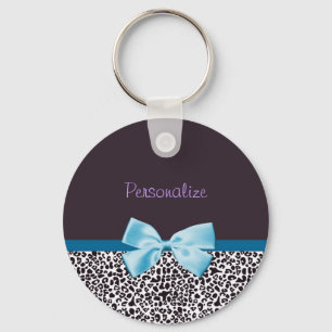 Trendy Leopard Print en Blue Ribbon met naam Sleutelhanger