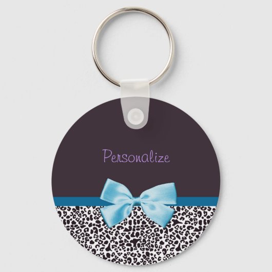 Trendy Leopard Print en Blue Ribbon met naam Sleutelhanger (Voorkant)