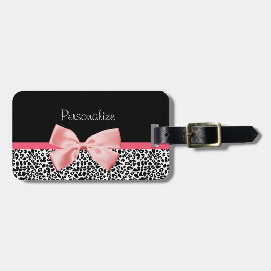 Trendy Leopard Print en roze lint met naam Bagagelabel (Voorkant horizontaal)