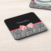 Trendy Leopard Print en roze lint met naam Drankjes Onderzetter (Linkerzijde)