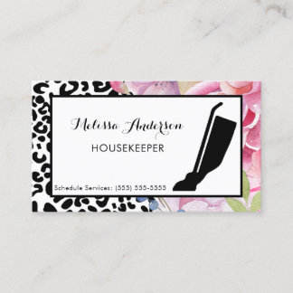 Trendy Leopard Print Floral Housekeeper en Vacuum Visitekaartje