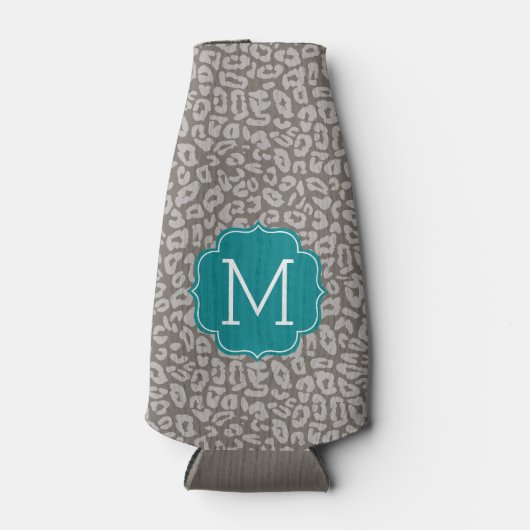 Trendy Leopard Print Pattern met Aqua Monogram Flesjeskoeler (Voorkant)