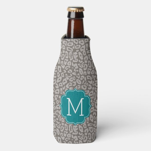 Trendy Leopard Print Pattern met Aqua Monogram Flesjeskoeler (Fles Voorkant)