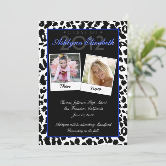 Trendy Leopard Then and Now Graduation Invitation Kaart (Staand voorkant)