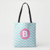 Trendy lichtblauw Chevron roze monogram Draagtas (Voorkant)