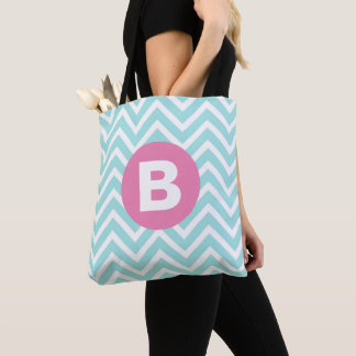 Trendy lichtblauw Chevron roze monogram Draagtas