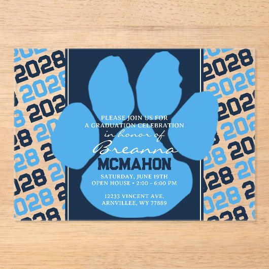 Trendy Lichtblauw & Navy Afstuderen Pawprint Clear Acryl Uitnodigingen (Voorkant)