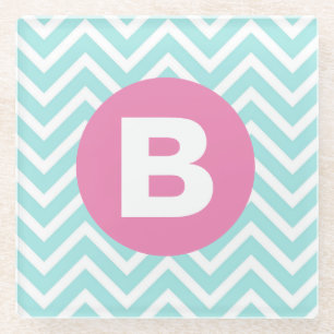 Trendy Lichtblauwe Chevron Roze Monogram Glazen Onderzetter