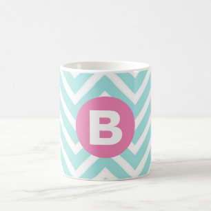 Trendy Lichtblauwe Chevron Roze Monogram Koffiemok