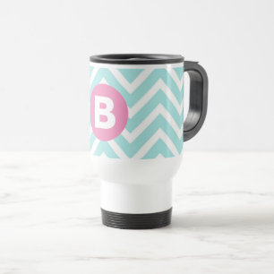 Trendy Lichtblauwe Chevron Roze Monogram Reisbeker