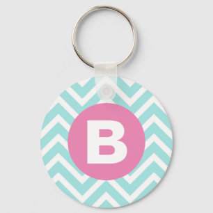 Trendy Lichtblauwe Chevron Roze Monogram Sleutelhanger