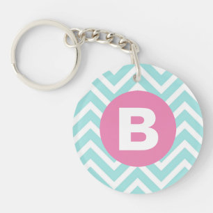 Trendy Lichtblauwe Chevron Roze Monogram Sleutelhanger