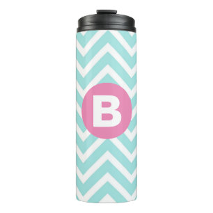 Trendy Lichtblauwe Chevron Roze Monogram Thermosbeker