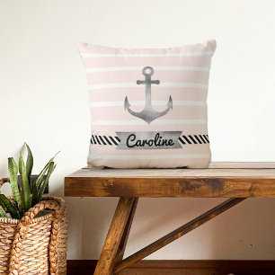 Trendy lichtroze strips en Waterverf-anker Kussen