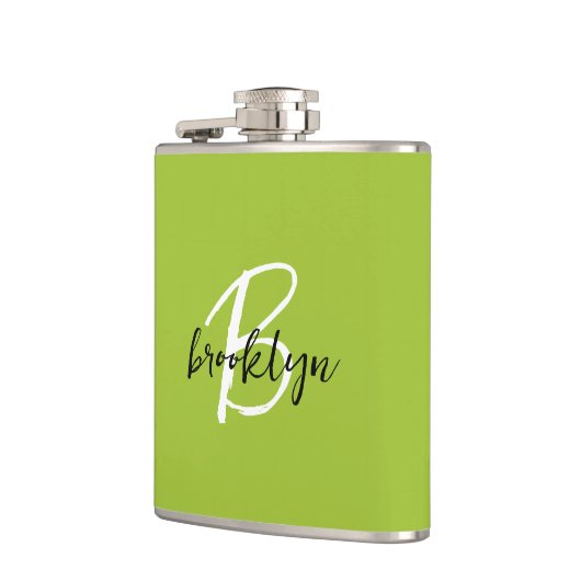 Trendy Lime Groen Zwart Wit Script Monogram Heupfles (Links)