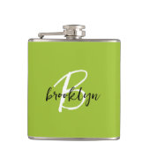 Trendy Lime Groen Zwart Wit Script Monogram Heupfles (Voorkant)