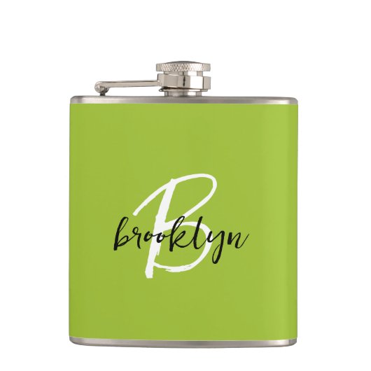 Trendy Lime Groen Zwart Wit Script Monogram Heupfles (Voorkant)