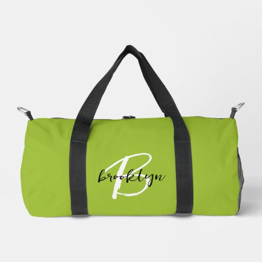 Trendy Lime Groen Zwart Wit Script Monogram Plunjezak (Voorkant)