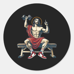 Trendy Lord Jesus Bodybuilding Workout Jesus Lifti Ronde Sticker