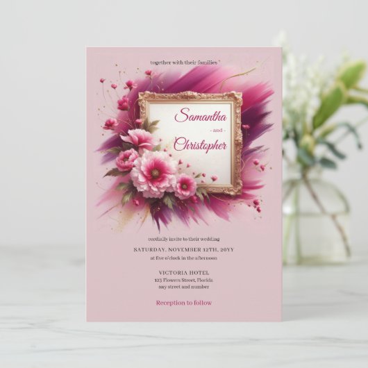 Trendy magenta bloemen en gouden lijsten bruiloft kaart (Staand voorkant)