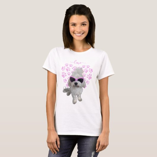 Trendy Maltese hond met roze bril en pootafdruk T-shirt (Voorkant volledig)