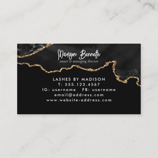 Trendy Marble Agate Black Gold Script Monogram Visitekaartje (Achterkant)