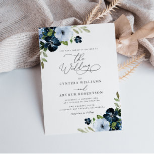 Trendy marine en lichtblauwe bloemrijke script bru kaart