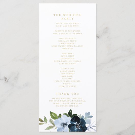 Trendy marineblauw en gouden bloemenbruiloft progr programma (Achterkant)