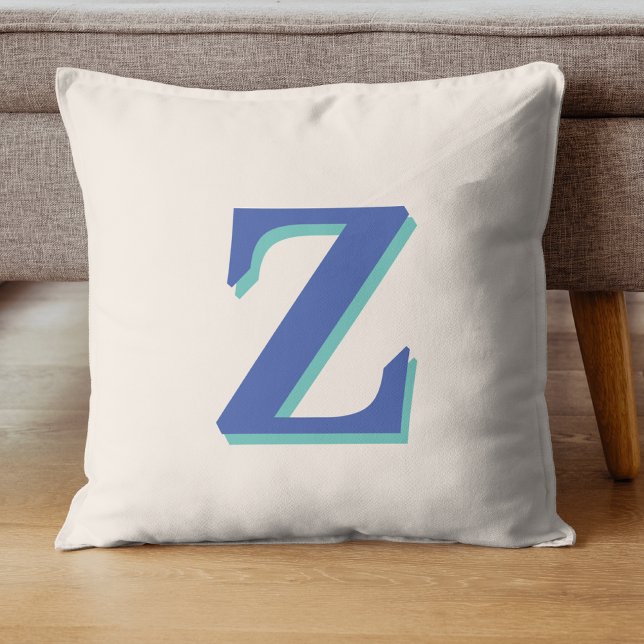 Trendy Medium Blue 3D Initiaal Letter | Linnen kle Kussen (Creator heeft geüpload)