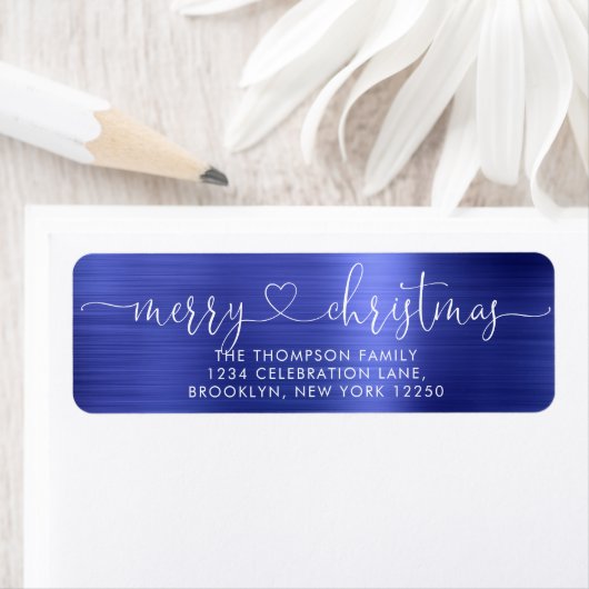 Trendy Merry kerst Heart script Metallic Blue Etiket (Insitu)