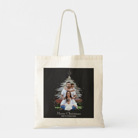 Trendy Merry kerstboom Silhouette Foto grijs Tote Bag (Achterkant)