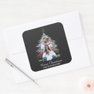 Trendy Merry kerstboom Silhouette Foto grijs Vierkante Sticker